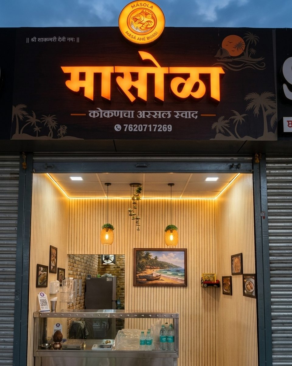The MĀSOLĀ shop front in Wakad, with its lit sign and counter